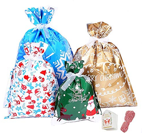 30 Stück Weihnachtssäcke Groß,Folie Geschenkbeutel mit Kordelzug für Weihnachten,Wiederverwendbare Geschenktüten für Süßigkeiten Kekse Geschenke Schokolade Weihnachten,Geburtstag,Hochzeit Party