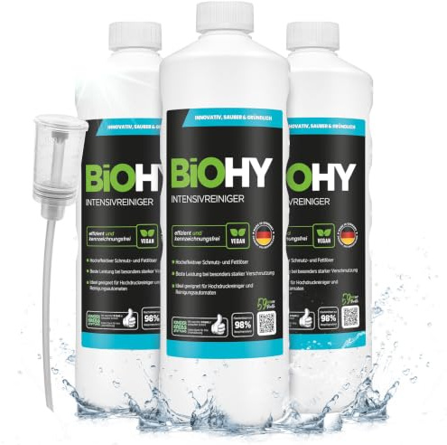 BiOHY Nettoyant Universel Intensif (3 x 1l Bouteille) + Distributeur | nettoyant Industriel Haute Performance | nettoyant de Base idéal pour Les nettoyeurs Haute Pression (Intensivreiniger)