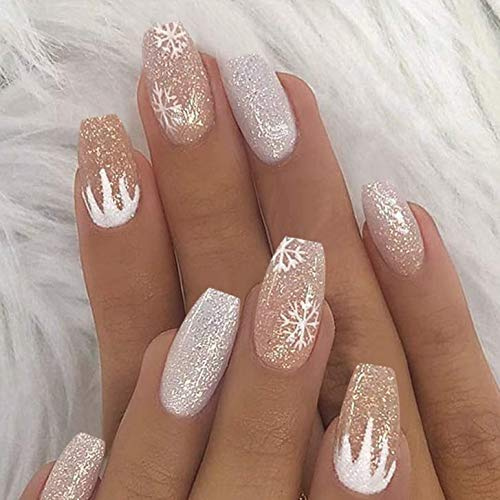 Brishow Künstliche Nägel zum Aufkleben Schnee Press on Nails Glitter Kurze Falsche Nägel Ballerina Acryl Fake Nails 24 Stück für Frauen und Mädchen (a)