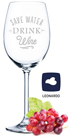 Leonardo - Copa de vino con grabado - Save water drink wine - Regalo para aficionados de verano y amantes del vino - Copas de vino - Regalo de cumpleaños para mujeres y hombres