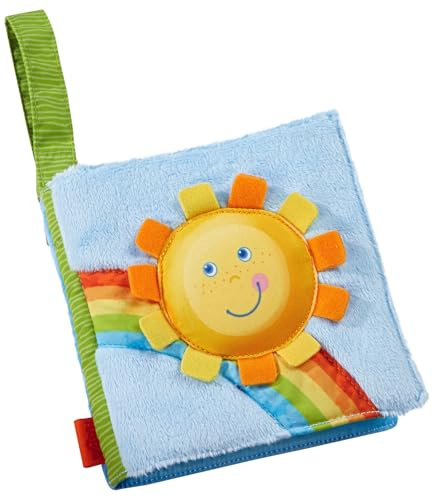 HABA Stoffbuch Regenbogenwelt – Softbilderbuch ab 6 Monaten mit Knister- & Quietsch-Effekt – Fühl- und Greifbuch für Babys, ideal für unterwegs & erste Geschichten – 1306028001
