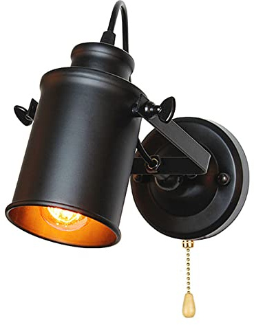 E27 Retro Industrial Wandleuchte mit Schalter Vintage Lampe LED Innen Wandlampen mit Zugschalter Schwenkbar Schwarz Antike Lampe 180° Drehbar Metal Wandspot Schlafzimmer Flur Café Loft (1 Stücke)