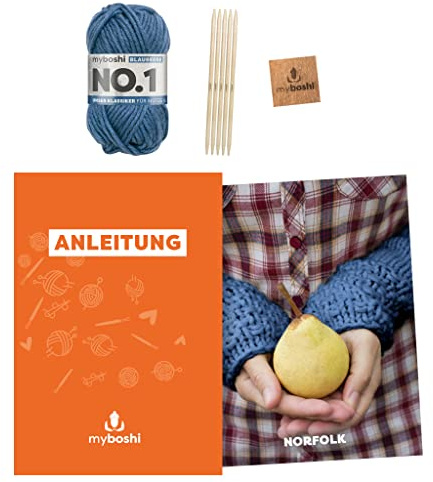 myboshi Strickset Stulpen Norfolk, inkl. No.1 Wolle, Nadel und Anleitung, original Label, Strickpaket, 30% Merinowolle Beige, mit Nadelspiel