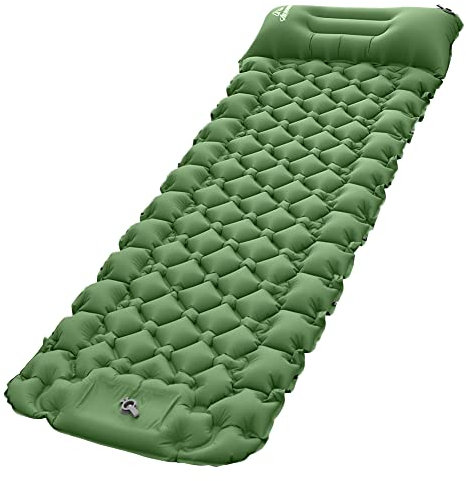 Isomatte Camping Selbstaufblasend mit Fußpresse Pumpe,Ultraleicht Outdoor Aufblasbare Wasserdicht Camping Isomatte,Faltbar Camping Luftmatratze mit Kissen,Schlafmatte für Wandern,Reisen,Strand Grün A