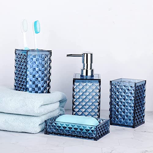 stcyutdaa Blue Bathroom Accessories Set (4Pcs) - Modern Plastic Pump & Metal, Includes Soap Dispenser, Soap Dish, Tooth Brush Holder, Mouthwash Cup