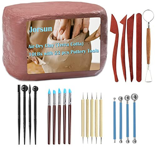 Jorsun Natural Air-Dry Clay 10LBs With 23 Pcs Pottery Tools, Non-Toxic All-Purpose Modeling Compound Sculpting Tool Set (Terra Cotta & Tools)
