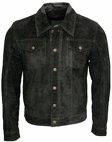 Infinity Camionero de Hombres Negro Casuales Jeans Camisa de Cuero Gamuza de Chaqueta L
