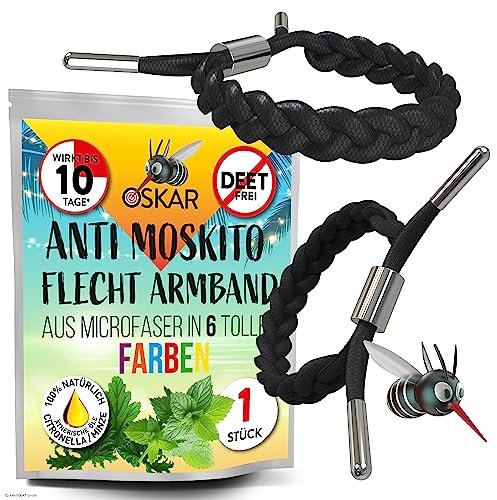 OSKAR - Stylisches Mückenschutz Armband Erwachsene, 1er Pack zur Mückenabwehr - Schwarz geflochten - Anti Mücken Schutz, extrem effektiv & Wiederverwendbar | Mückenarmband für Camping & Festival