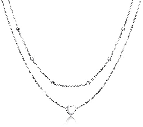 HUKKUN Herz Doppelkette Layering Kette Damen 925 Sterling Silber Herz Geschichtete Halskette Schmuck Geschenke für Damen