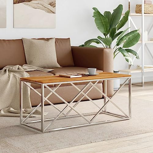 ADWOA Couchtisch Edelstahl und Massivholz Akazie Couchtisch Mit Stauraum Wohnzimmertisch