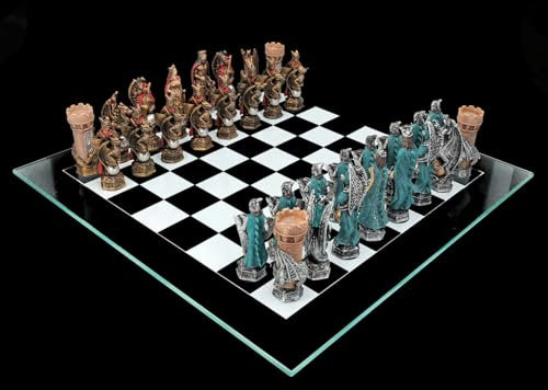 Schachspiel König Arthur Sage - Drachen Ritter Mittelalter Fantasy Schach Set Glasbrett Schachfiguren Figuren