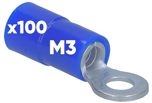 Kalitec 100x Ringkabelschuh 1,5-2,5mm² - Teilisoliert M3 Blau - Kupfer | PVC Kragen Kabelverbinder - Quetschkabelschuh für Litzen - Ringöse Verbindungsklemme für KFZ, Hifi & Elektroinstallation