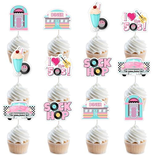 50s Theme Birthday Party Decorations 24PCS 1950s Cupcake Toppers Rock and Roll 1950s Party Decorations Sock Hop Back to 50s Cake Decoration for Retro Hip Hop 50s Theme Party 50s 60s Theme Party Supply