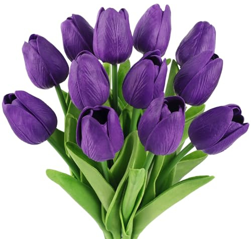 N&T NIETING - Juego de 12 Tulipanes artificiales con toque realista, color morado