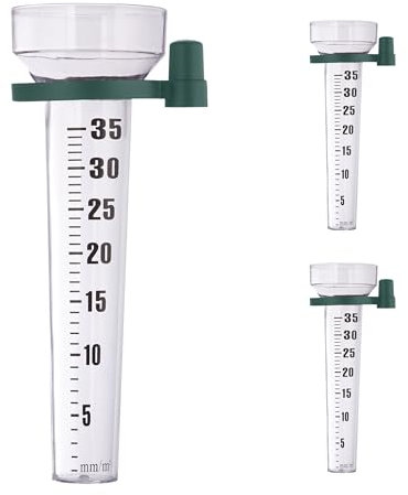 Relaxdays Regenmesser 3er Set, mit Halterung, Niederschlagsmesser Garten, Skala 35 mm/m², Kunststoff, transparent/grün