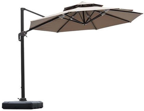 HESHEQ 3m*3m Ampelschirm 2-stöckiger runder Freischwinger-Terrassenschirm Garten Balkon Ampelschirm Marktschirm wasserdicht Inklusive befüllbarem Sockel 360 Drehung for den Gartenn(Size:Khaki)