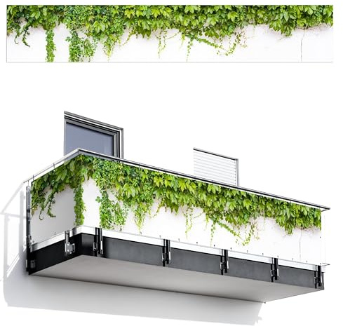 MuchoWow© Balkon Sichtschutz Einseitig 85x500 cm Groß Terrassen Gartenzaun Balkonfächer ohne Bohren Wetterfest für Zaun Terrasse Balkonbespannung Seitenschutz Pflanzen - Weiß - Steinoptik - Grün