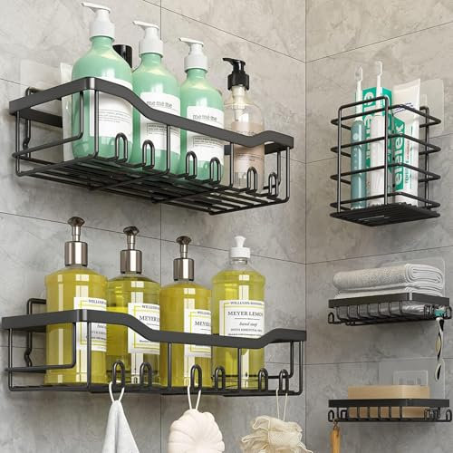 Ruhetfam Shower Caddy 5 Pack, Bathroom Shelf Organiser, No Drilling Shower Shelf, Adhesive Shelves Bathroom Accessory, Stainless Steel Soap Toothbrush Holder Set