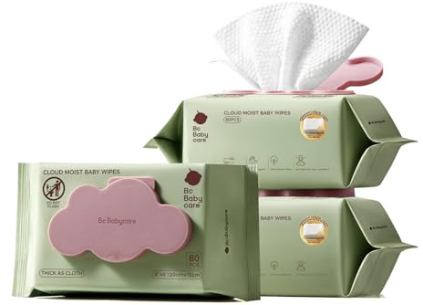 Bc Babycare Cloud Moist Baby Wipes, Thick & XL, 99% Water, Ultra-Hydrating, Unscented, Hypoallergenic for Sensitive Skin, Biodegradable, 3 Flip-Top, 240 Count