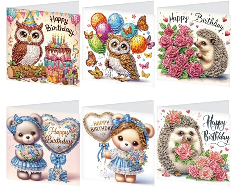 SHEGZHUC 6er Set Diamond Painting Grußkarten Set Eule Igel Bär Diamond Painting Karten Geburtstagskarte Dankeskarte Segensgrußkarte Feiertagskarten Stickerei Kreuzstich Diamant Malerei Geschenk