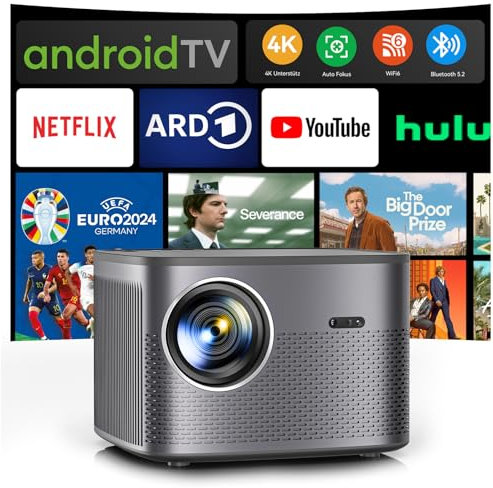 Beamer 4K【Netfilx/Autofokus】 Auto 6D 4P Trapezkorrektur Unterstützt Beamer 4K Heimkino, WiFi6 Bluetooth Beamer 26000 Lumen 1080P Native Full HD Beamer Android mit YouTube/Prime Video