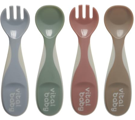 Vital Baby Nourish Chunky Baby Spoon & Fork Set, Wide & Shallow Tips, Easy Grip for Self-Feeding, EarthSmart Biodegradable, BPA-Free, 4 Pack
