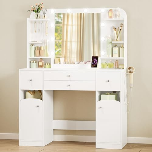 Hzuaneri Dressing Table with Mirror, Vanity Table with Adjustable Brightness, Power Strip, 4 Drawers and 2 Open Cabinets, 5 Jewelry Hooks, Open Compartments, White, DT41503XUK