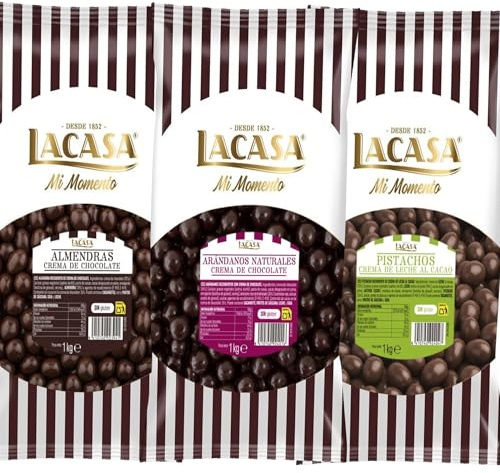 Lacasa Pack 3kg de bolas: Almendra con chocolate Negro,Arándanos con chocolate Negro,Pistachos con chocolate Leche