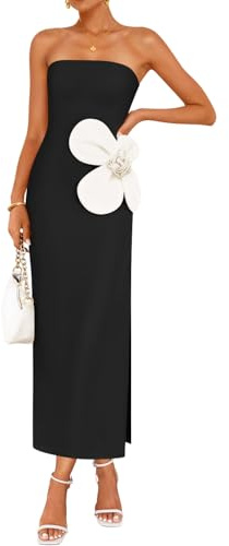 ZESICA Women's Summer Strapless Bodycon Maxi Dress 2026 Ribbed Knit Backless Floral Tube Cocktail Party Long Dresses,Black,Large