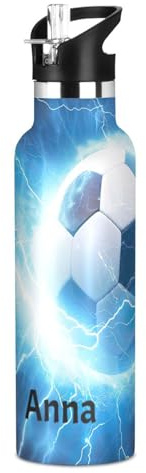 Botella de agua personalizada para niños y niñas, a prueba de fugas, 20 onzas, sin BPA, balón de fútbol, relámpago azul