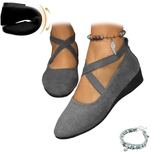 Women's Crisscross Strap Wedge Shoes,Womens Round Toe Ballet Wedge Dress Shoe Elegant Suede Comfy Slip-On Shoes (Grey,5)