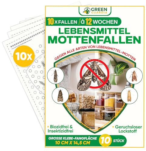 GREEN GUARDIA Lebensmittelmotten-Falle [10 Stück Vorteilspack] – Klebefalle zur Befallserkennung von Lebensmittelmotten mit Spezial-Lockstoff – Geruchlos & ohne Insektizide
