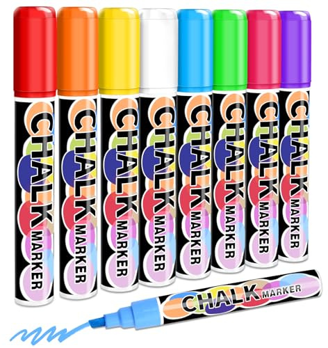 Keukenket 8 Farben Kreidestifte für Tafel Abwaschbar，Kreidemarker Fenster mit 6 mm Reversible Tip, Whiteboard Marker Kreidestifte für Fenster Glas, Autoscheiben, Steine, Papier