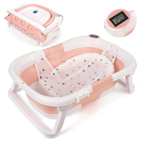 Baby Badewanne, Babywanne Platzsparend & Faltbar, Mit Integriertem Thermometer, Rutschfestem Badekissen Und Abflussloch, Platz Sparen, Portable Babywanne für Neugeborene Und Kleinkinder