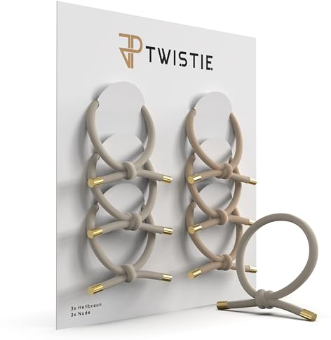 JP Twistie Haargummis & Armbänder mit Knoten 6er Set – Stylisch & Haarschonend – Elastische Haarbänder für Frauen & Männer – Für dickes & feines Haar - Mit goldenen Endkappen (Nude/Hellbraun)