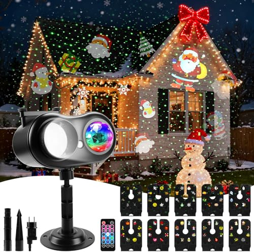 Projektor Weihnachten Aussen mit Fernsteuerung, Projektor Weihnachten10 Farben Wasserwelleneffekt, Laser Weihnachtens Außen LED Projektionslampe für Weihnachten Neujahr Party Feste