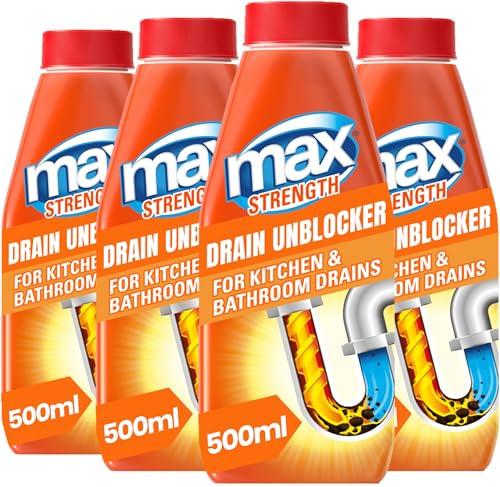 Max Strength Drain Unblocker 2L (4 x 500ml) - Fast-Acting Drain Cleaner | Powerful Drain Cleaner for Kitchen & Bathroom Drains, Helps Clear Hair, Grease & Food Build-Up, For PVC & Metal Pipes