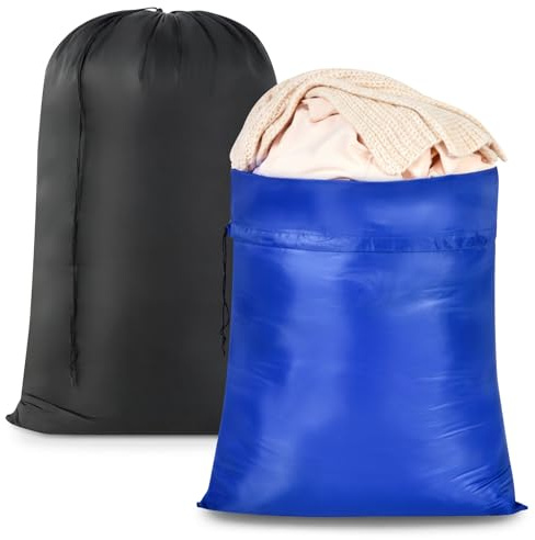 OTraki Lot de 2 Grand Sacs à Linge Pliable,70x115cm Sac Linge Sale Voyage,Grand Sacs à Linge Pliable avec Cordon de Serrage,Laundry Bag Wet Dry Bag pour Chemises, Vestes, Bleu+Noir