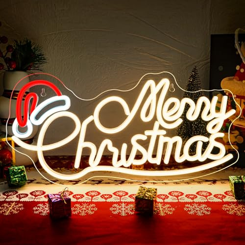 SIGNSHIP Merry Christmas Hat Neon Light Sign, Christmas Hat Neon Sign for Wall Decor,Xmas Led Signs with Dimmer Switch for Party,Bedroom,New Year Party,Business
