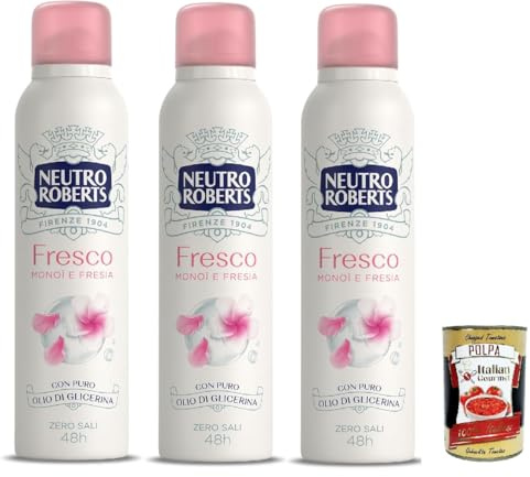 Neutro Roberts, fresco déodorant en fresque rosa, sans sels en aluminium, zéro taches Monoi et Fresia, homme et femme déodorant, 3x 150 ml + Italian Gourmet polpa 400g