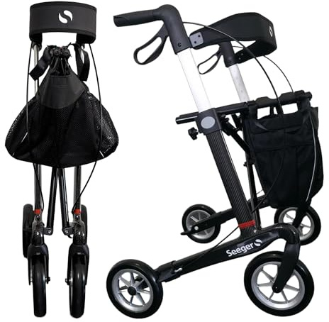 Rehasense Carbon Rollator Athlon SL, leicht & faltbar | für Innen & Außen | Leichtgewichtrollator in Premium-Ausführung inkl. Softräder & Rückengurt (Seeger Logo)