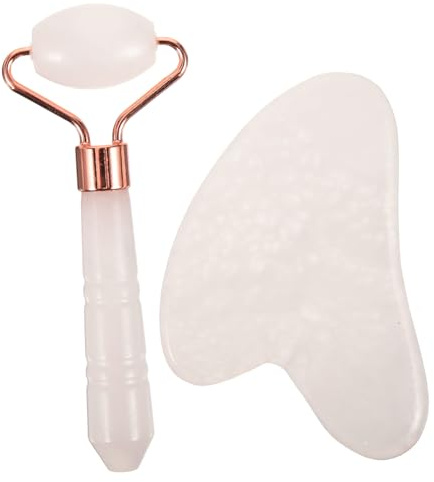Anneome Natürlicher Jade Massageroller und Schabbrett für Gesicht und Körper mit Ergonomischem Griff Rosa Kristallmaterial Komfortabel und Einfach zu Tragen
