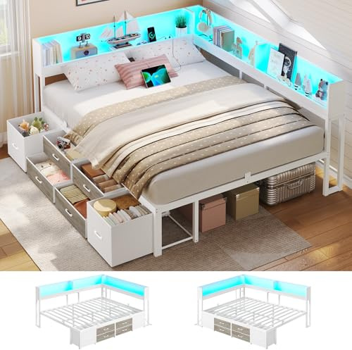 AOGLLATI Bett 140x200 mit Stauraum Schlafsofa mit Integriertem Bücherregal & 6 Schubladen,Jugendbett mit LED-Beleuchtung & Ladestation Gästebett Tagesbett Bettgestell mit Lattenrost(Weiß, 140x200cm)