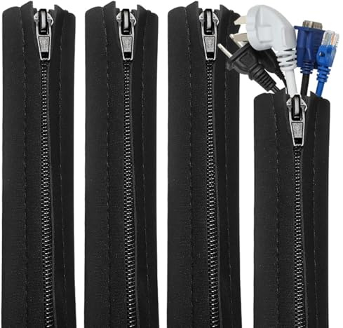 wkao Cable Management Sleeve for Computer Cords and Tv, 4 Pcs, Zipper Cable Organizer Sleeves, Polyester, Simple to Use for Neat Office and Home