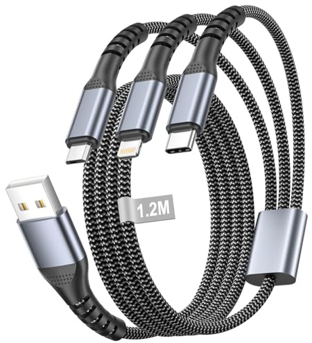 Cable Multi Chargeur 3 en 1, Cable Multi Embout 1.2M Câble USB avec Ports Lightning Type C Micro,Cordon USB Nylon Cable Téléphone fil Charge Rapide pour iPhone 17 16 14, Samsung S26 S25,Huawei, Xiaomi