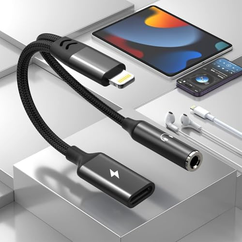 2 in 1 Lighting to 3.5mm Headphone Jack Adapter for iPhone,Audio Splitter Cable Dongle Charger and Aux Adapter iPhone Headphone Jack Adapter Support Music Control for iPhone 14 13 12 11 XS XR 8 7 iPad