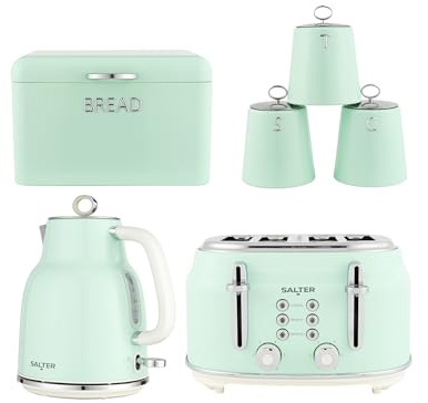 Salter Retro Green Kitchen Set – 4-Piece Canister Set, 1.7L Kettle & 4-Slice Toaster, Vintage Design, Bread Bin, Tea Coffee Sugar Storage, Rapid Boil, Wide Slots, 6 Browning Levels, 1630W | 1.7 L Capacity, Rapid Boil Kettle, 4-Slice Wide Slot Toaster, 6 Browning Levels, Defrost Reheat Cancel Functions, 4-Piece Set