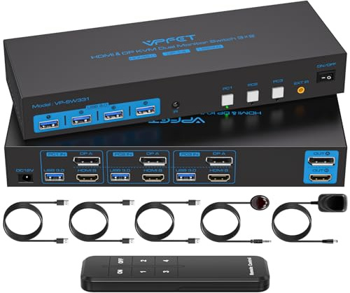 8K@60Hz HDMI Displayport KVM Switch 2 Monitors 3 Computers 4K@120Hz Dual Monitor KVM Switches Triple computers share 4 USB 3.0 port, Include DC12V adapter, desktop controller, and 2 USB 3.0 cables