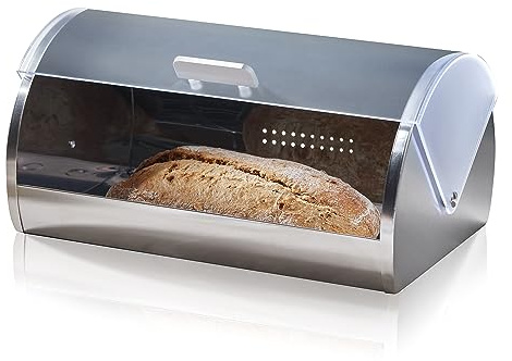 KHG Brotkasten Rolldeckel transparent milchig, Rollbrotkasten Metall Edelstahl mit Kunststoff-Deckel, Brotaufbewahrung Breite 39 cm Tiefe 25,5 cm