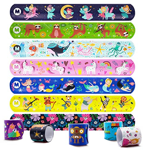Magicat Set de 12 Pulseras slap para niños y niñas I Pulsera bofetada para regalo de cumpleaños, ideal para piñata I Unicornio, Robot, Princesa y otros I Snap Bracelet Kids Set